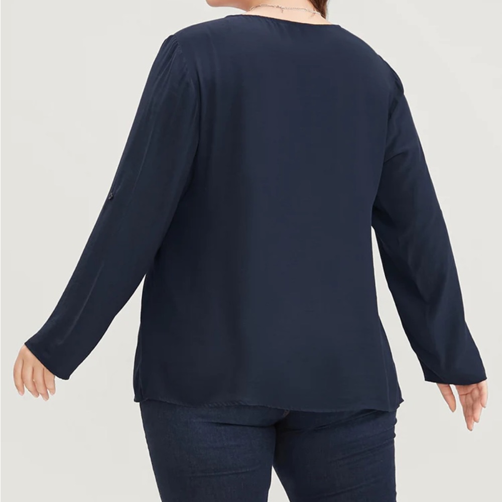 Plain V Neck Button Detail Cuffed Sleeve Blouse - Picture 3 of 5